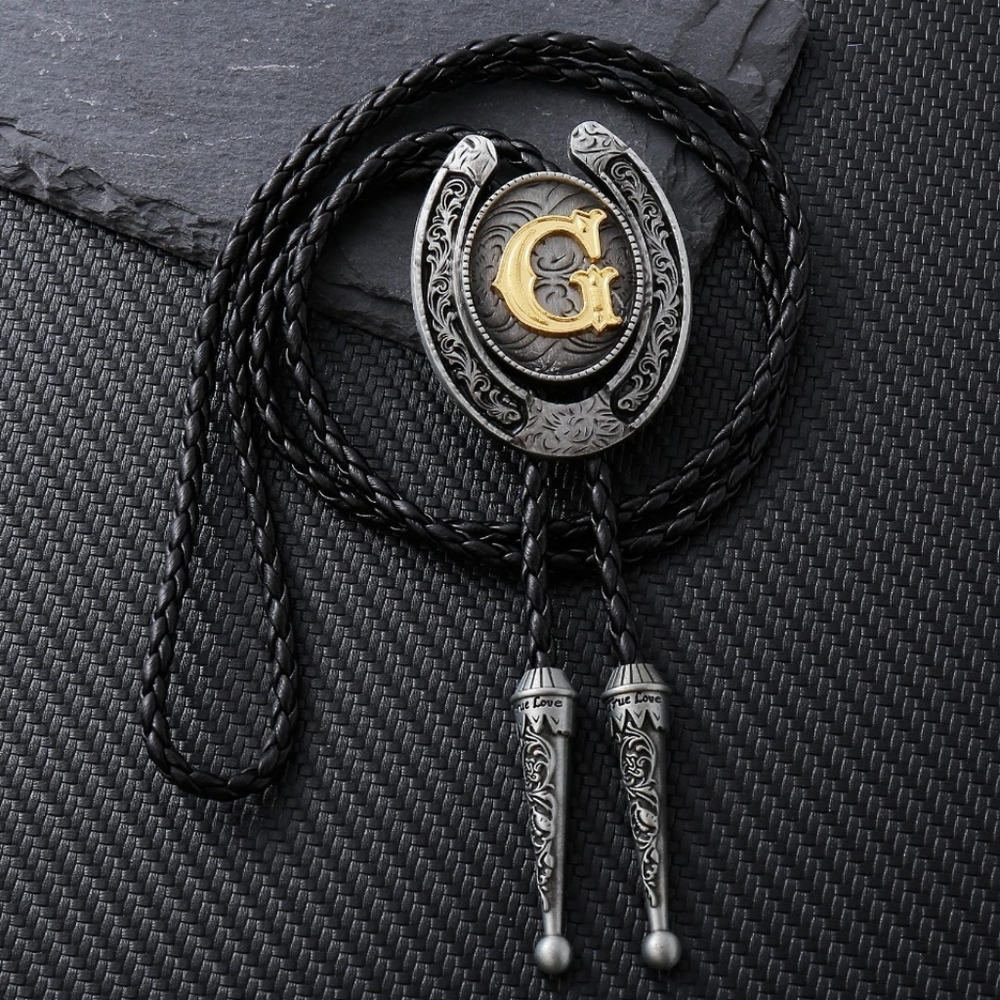 Western Silver Gold Horseshoe Letter G Initial Bolo Tie CHOOSE YOUR LETTER